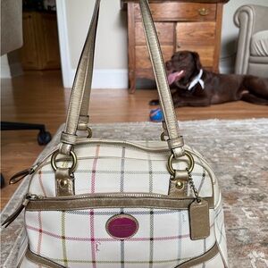 Plaid Coach Handbag - Cream and Gold
